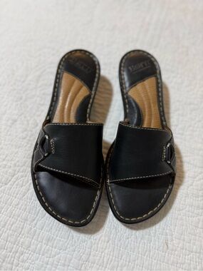 Born Black Leather Slide Sandals with Tan Insole